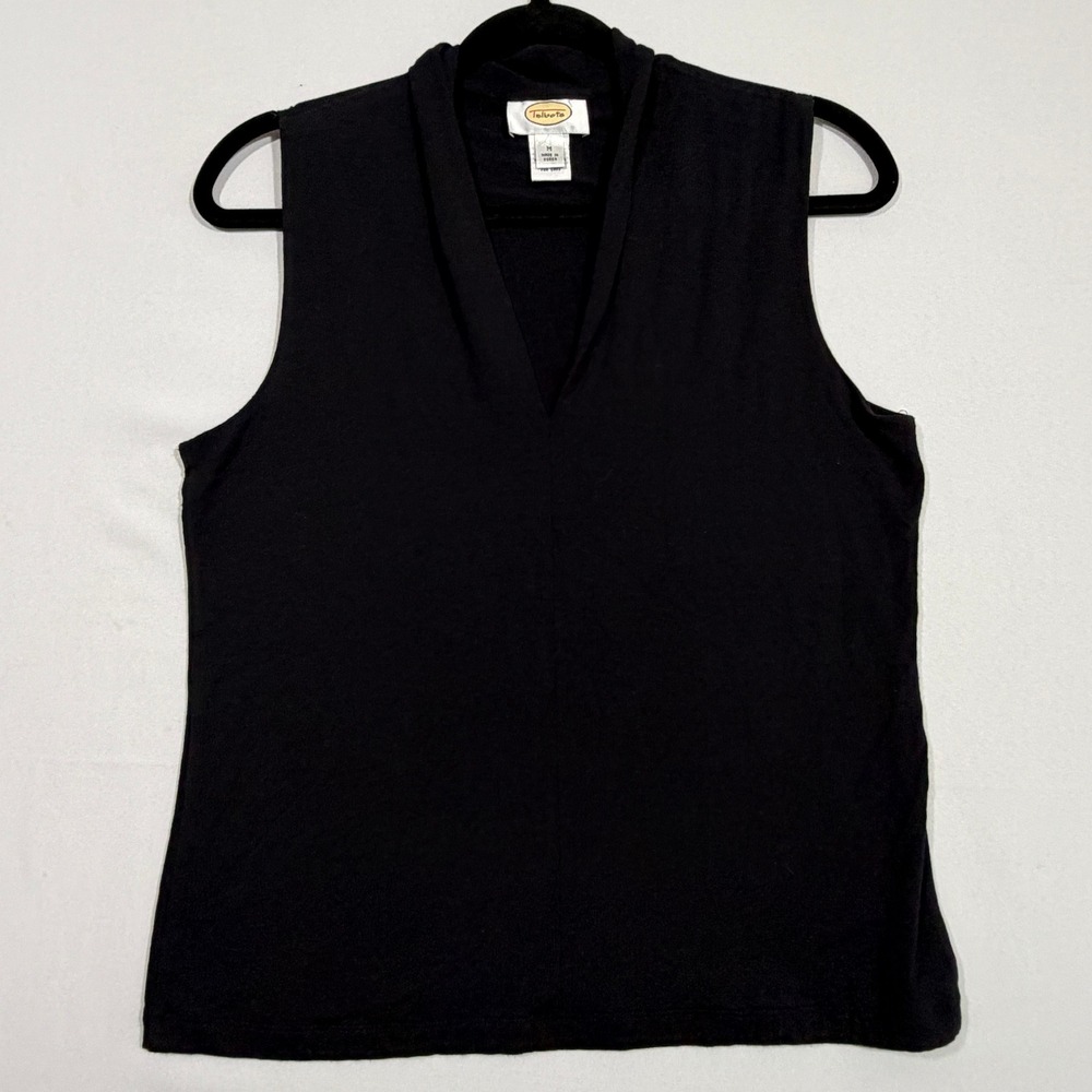 Talbots Top M Womens Black Rayon Spandex Shawl Collar Vintage Office Siren